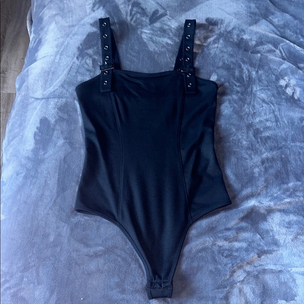 Black buckle strap bodysuit